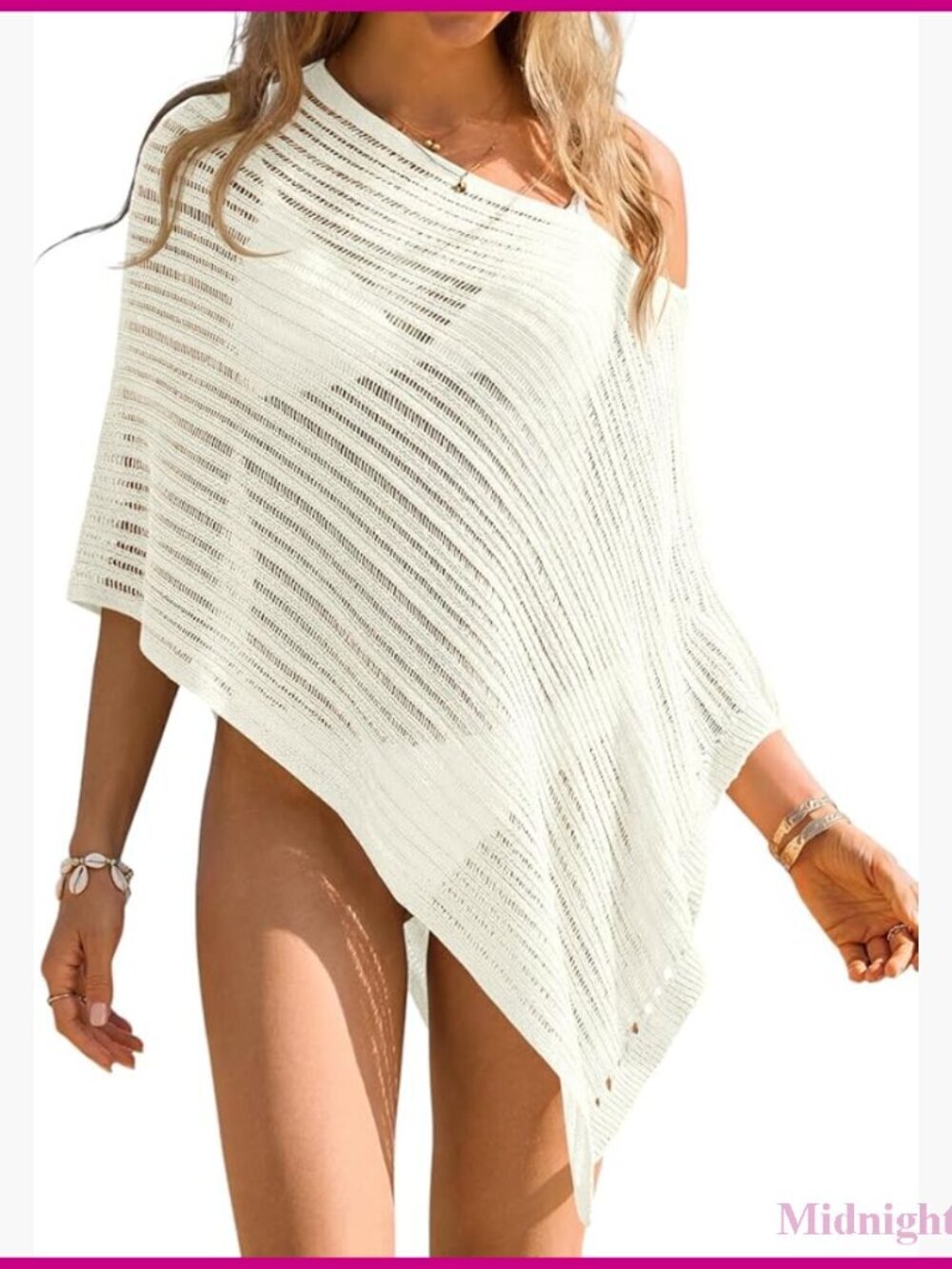 Large Mesh Knit Beach Cover Up Off Shoulder Asymmetrical Cape Top